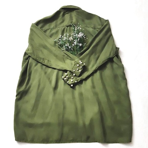 ZARA Forest Green Lyocell Womens Hi-Low Blouse White Pearl Cuffs L-Sleeve Collar - Picture 6 of 14
